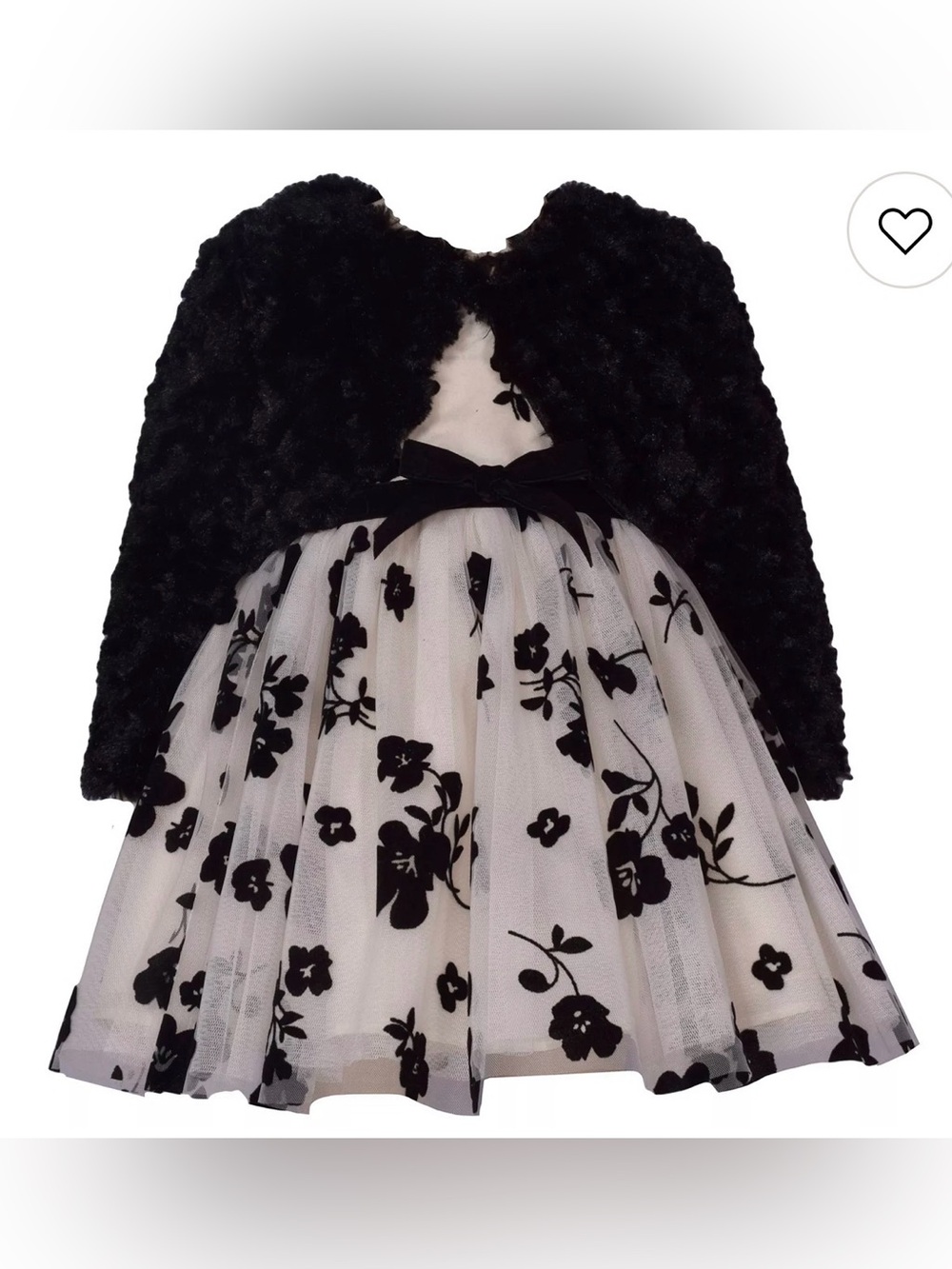 Girls Black & White Floral Tulle burnout Dress with Faux Fur cardigan, 2T
